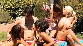 Beautiful girl with three guys foursome Blondes Group Sex