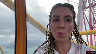 Public Flashing Blowjob - Skinny Brunette Swallows Cum on Ferris Wheel POV