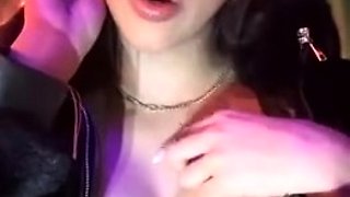 Busty curly brunette with big boobs fucks on couch