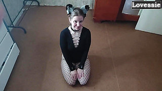 Sexy Kitty Eats From a Bowl and Licks Her Master's Feet - Lovessie