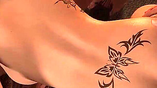 Threesome Tattoo Guys Blowjob and Standing Fuck