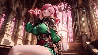 Hentai Vixen Deep Squats Teasingly Beneath Giant Magic Array in Green Battle Gear Stretched Tight
