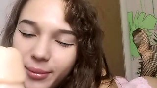 Young babe sucks huge dildo and rides it in homevideo