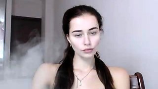 Natural babe brunette with sexy black lingerie masturbates