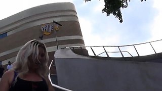 Blonde MILF babe outdoors sucks and fucks hot cock stud