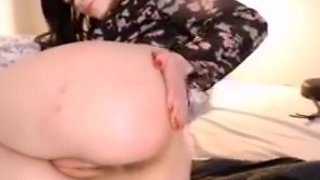 Pale brunette perfect cameltoe pussy fucking ass with dildo