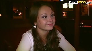 Young looking brunette Mystica sucks cock in public