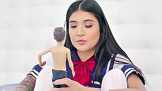 Japanese Has Sex With Her Doll and Real Cock