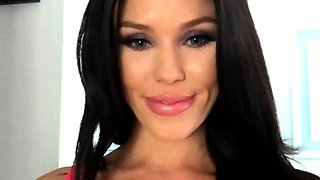 Busty curly brunette with big boobs fucks on couch