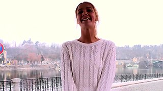 Blonde is flashing her big boobs in the outdoors