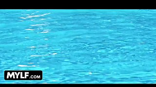 Mylf - sizzling hot cougars tempts hairy man pool guy to join them in fucking threesome