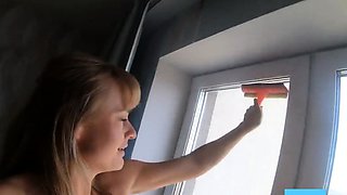 Naked Blonde Washes Windows in Public