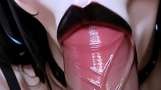Black haired girl in red glasses deepthroats dildo at office