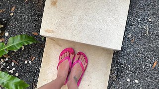 Pink Flip Flops on My Pretty Feet with Long Toes in Outdoor, Red Toenails Polish