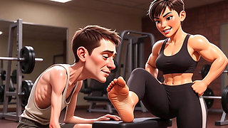 Strong Muscular Woman Makes Skinny Slave Lick Her Feet