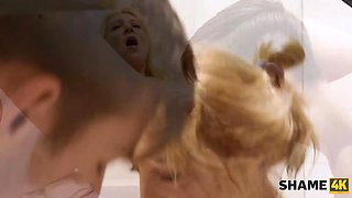 Shame4k. college girl enters bathroom and meets stepmoms acquaintance raw and nude