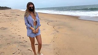 Blonde with Big Tits Walking Topless Outdoor