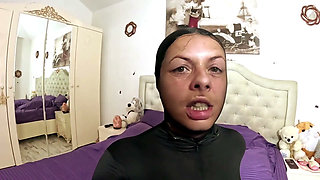 Pantyhose Encasement. Faceless Nylon Suit Tease, Finger Sucking and Intense Orgasm