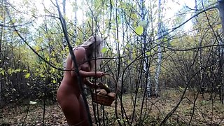 Nude Blonde Picks Mushrooms in the Russian Forest