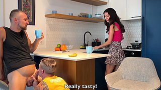 Hot wife is clueless talking to her friend while her husband sucks his cock under the table