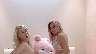 Bikini clad blonde lesbian toys milk enema ass in hd