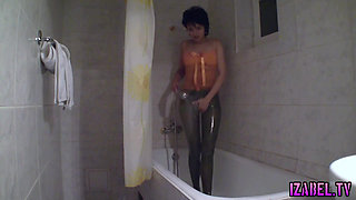 Sexy brunette shower in pantyhose