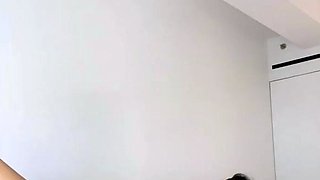 Busty curly brunette with big boobs fucks on couch