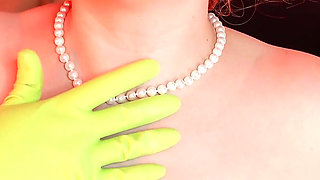 Hot pussy masturbation of horny MILF in rubber household gloves