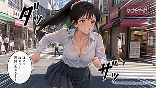 Running down a bustling street, exposing her huge breasts beneath her clothes