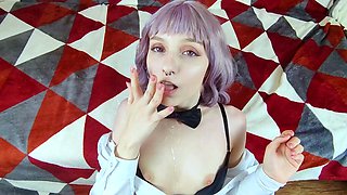 Torn pantyhose on a schoolgirl and cum in her mouth