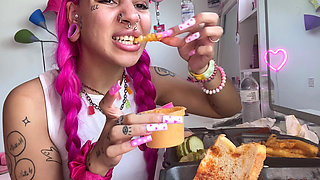 Spicy Food Mukbang Overeating Facestuffing Petite Girl Eating Hot Food Close-up Long Nails Fetish Acrylic Nails Teen Bonnet Hung