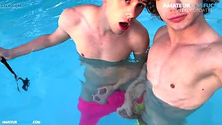 Liam Holland Strokes Zac Steele Underwater Poolside While Caruso Rainbow Swims Around