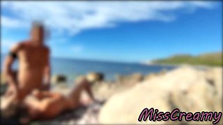 French Amateur Wife Miss Creamy Fucks Big Cock on Nude Beach - Public Sex & Cum in Mouth
