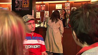 Brunette Barmaid Surrenders to Black Passion in Public