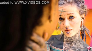 Tattooed lezzie strap-on screw squirting and piss play