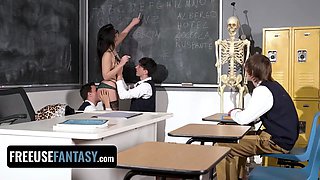Curvy lecturer Valentina Nappi gets fucked by 3 schoolgirls in a classroom - freeuse fantasy