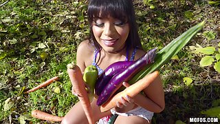 Super Busty Brunette Babe making Garden Salad Outdoors with Help of BWC Eric John