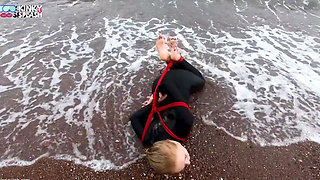 Hogtied in a Wetsuit - Rope Bondage Escape Challenge on the Beach