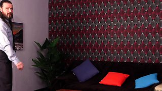 Horny office CFNM babes gives BJ to guy