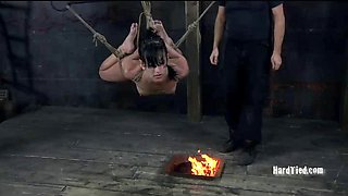 Hot new bondage slave roasted on fire the pit BDSM