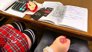 HIGH SCHOOLGIRL Stroking him Off in MATH Class under the Table. At College