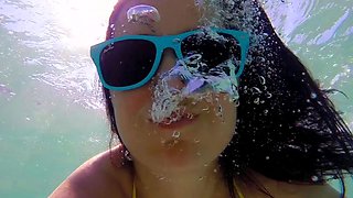 Beautiful Brunette Big Boobs Rides Fake Cock