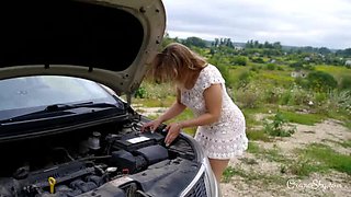 Dumb Naked Blonde MILF Oxana Flashing Tits and Big Ass by Stalled Car Outdoor