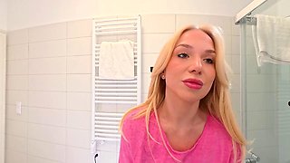 Super hot amazingly beautiful all natural big tits big ass blonde touches her pussy and panties under her skirt in the bathroom