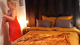 Amateur Blonde Mature Wife Enjoys Sex in Red Dress 1