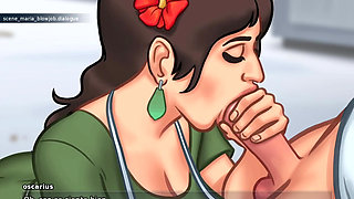 Mommy in threesome with stepson and her lover sharing her ass with both- summertime saga