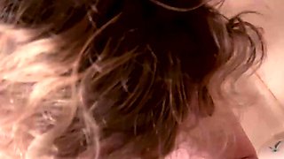 Curly Blonde MILF Strips And Gives Wet Shower Blowjob