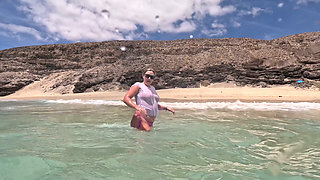 Girl Wetting Jeans in the Ocean and Swimming in Wet White T-shirt
