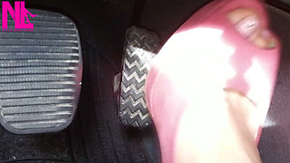 Barefoot Driving and Revving in Vivid Pink High Heeled Sandals