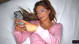 Hot babe gives her boyfriend a nice blowjob, then hops on his huge cock and starts grinding